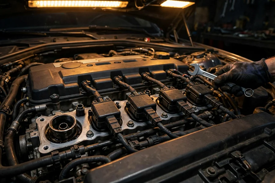 Engine bay detail showing ignition coils being replaced during a DIY service