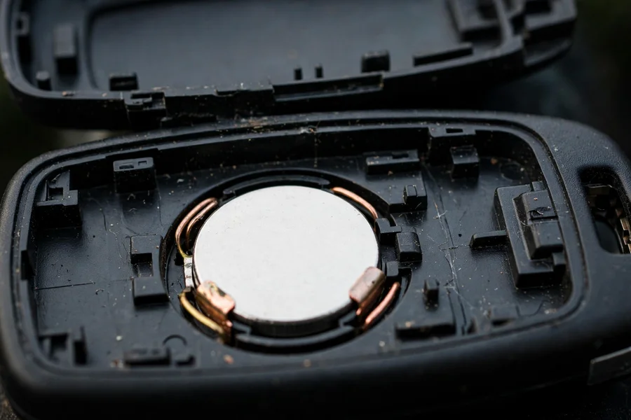 BMW key fob with the back cover removed showing the coin-cell battery compartment