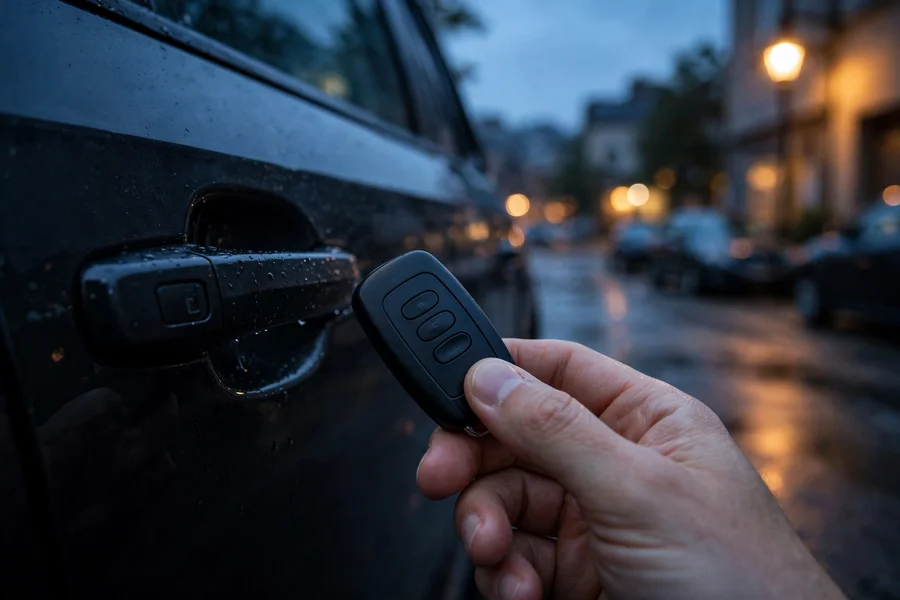 BMW key fob resting on a car roof next to the door handle, showing the keyless entry area