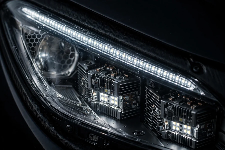 Close-up of a slim modern LED headlight with L-shaped daytime running light