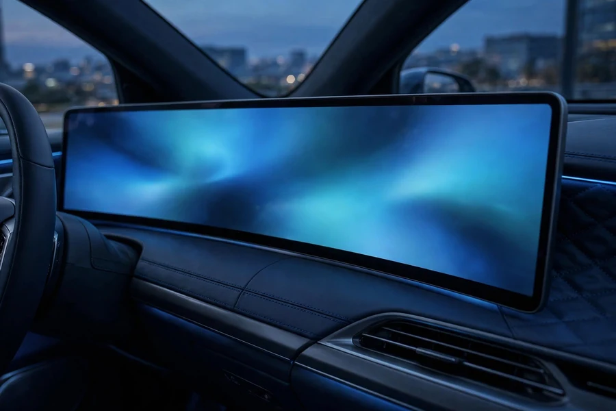 Modern BMW interior with curved widescreen display across the dashboard