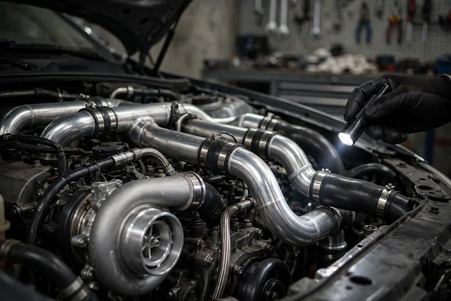 Turbocharged engine bay being inspected with a penlight in a workshop