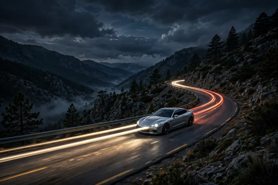 Silver sports sedan driving on a winding mountain road at night