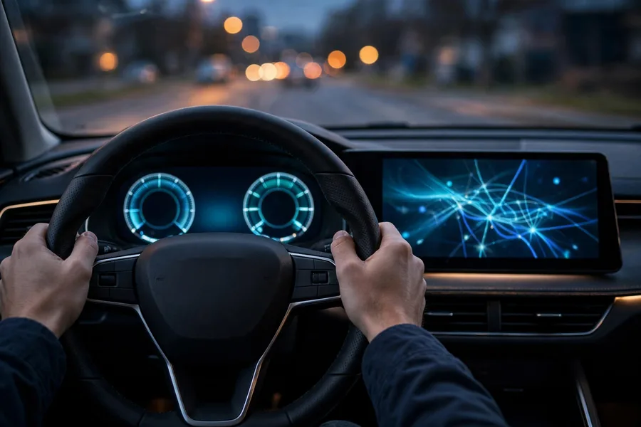Car interior with digital displays glowing at dusk, driver hands on the steering wheel