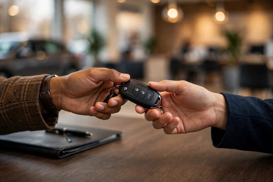 Close-up of a car lease contract being signed with a pen on a desk