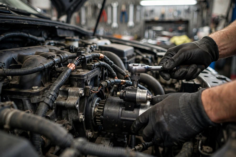 Mechanic's gloved hands working in a BMW engine bay during recall service