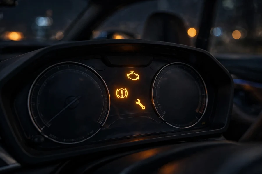 BMW dashboard warning lights glowing amber at night