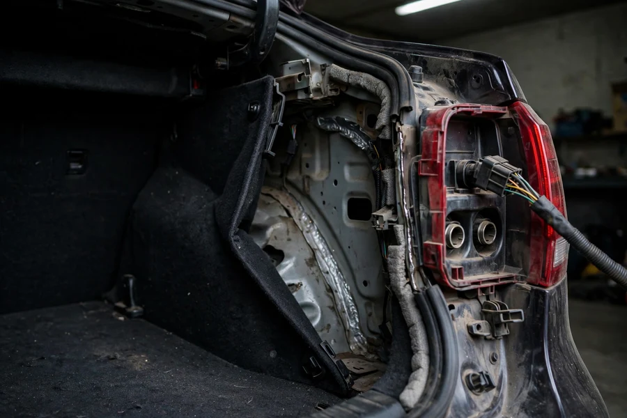 Open trunk with the side trim panel pulled aside to reach the back of a taillight assembly