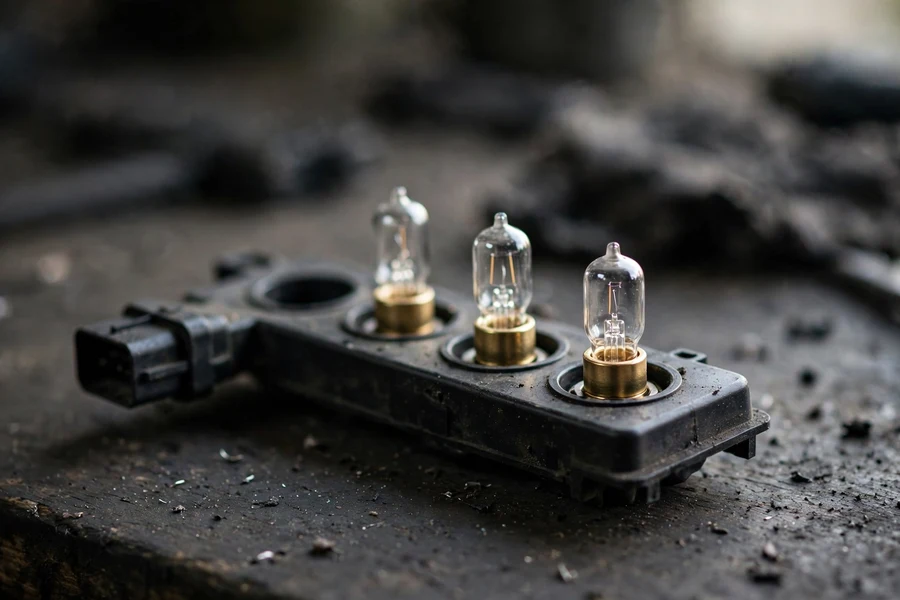 Removed taillight bulb carrier plate with replacement bulbs seated in its sockets