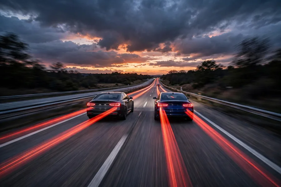 Sport sedan driving on a winding road at sunset