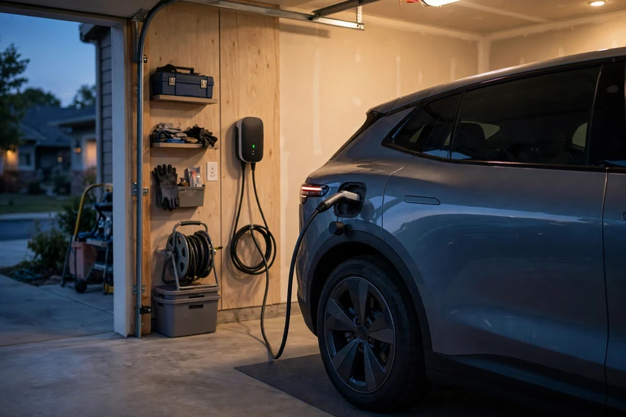 Electric car charging at a home garage wall charger at dusk