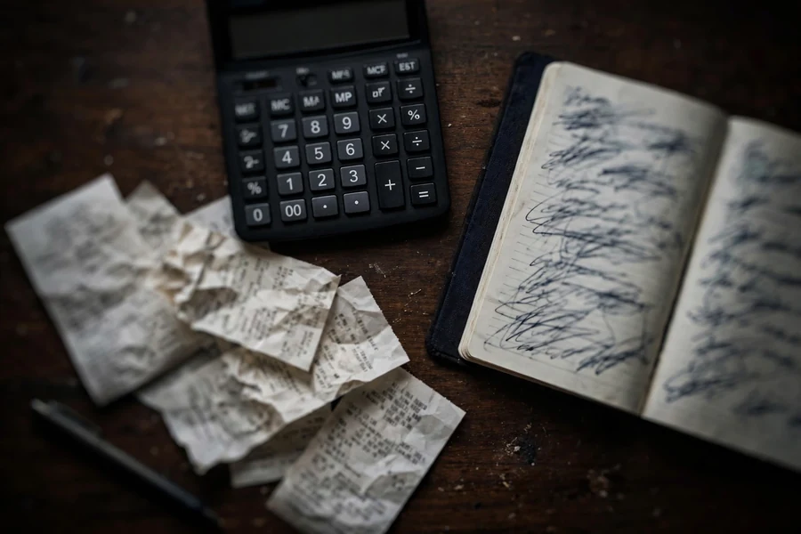 Calculator with car service receipts representing maintenance costs
