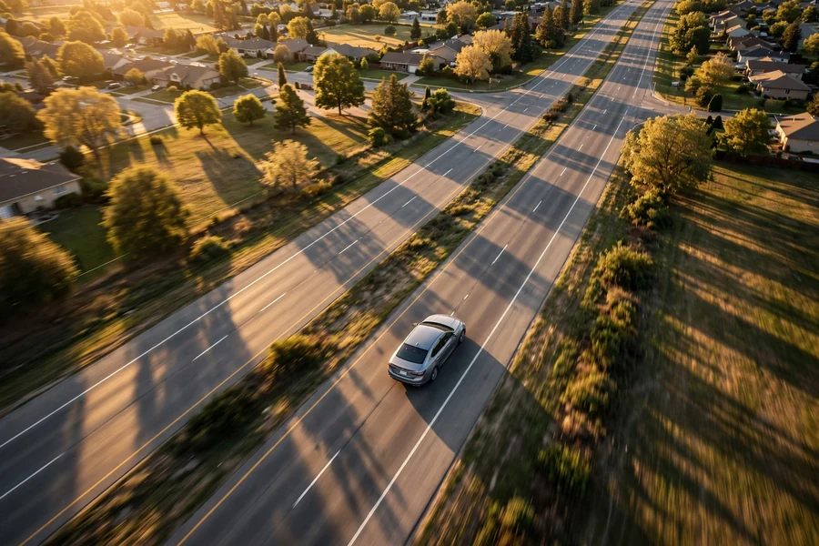 Sedan driving on a suburban highway at golden hour