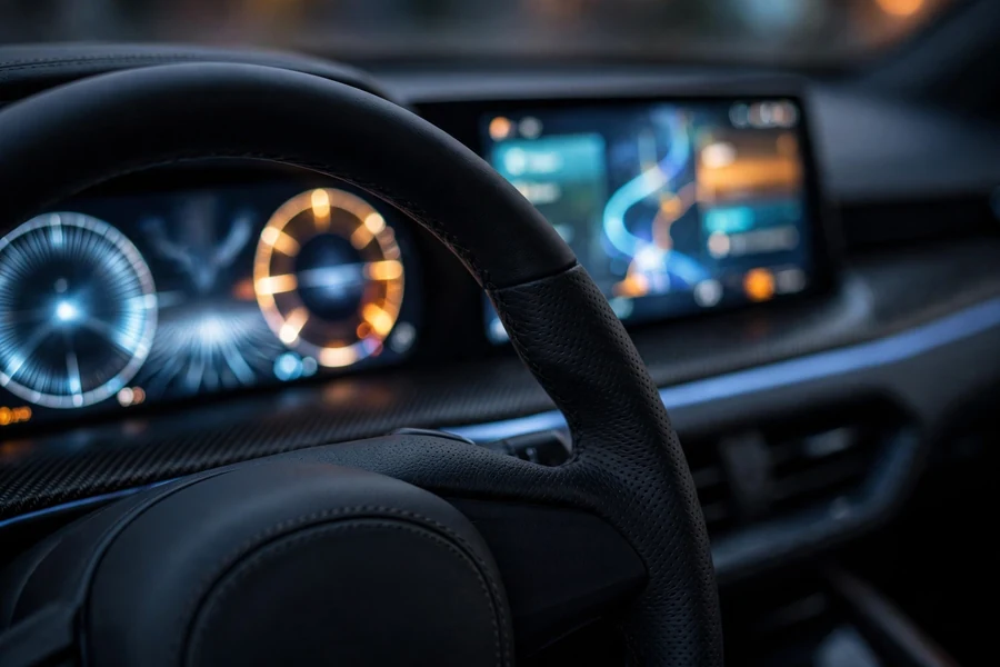 Driver-focused sport sedan cockpit with digital displays, no readable text