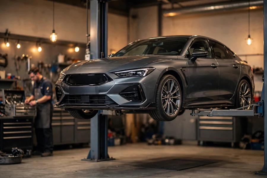 Sport sedan on a lift in an independent repair shop, no readable text