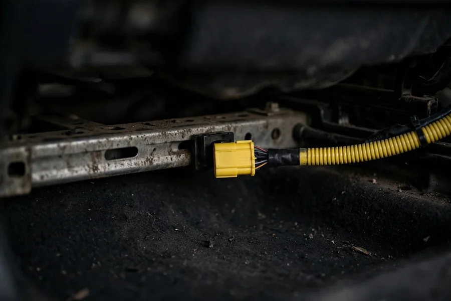 Yellow SRS airbag wiring connector under a BMW 3 Series passenger seat rail
