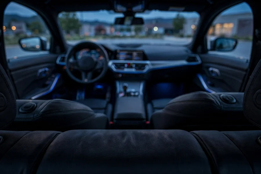 BMW 3 Series interior at dusk showing the dashboard and passenger seat area