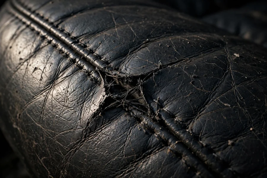 Macro detail of creased leather seat cushion stitching showing years of flexing and wear