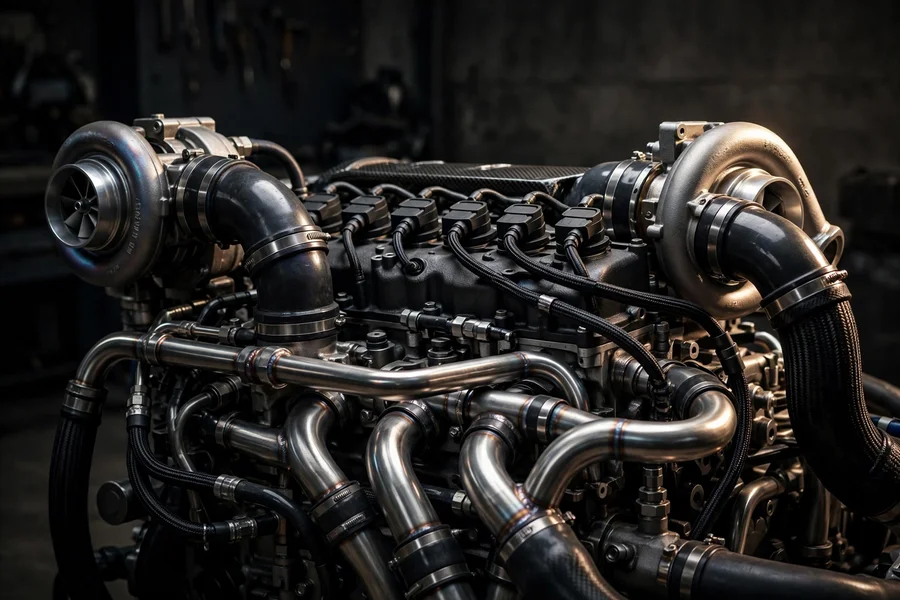 A twin-turbocharged BMW inline-six engine — the 3.0-liter turbo six behind the 335i, 340i, and M340i badges