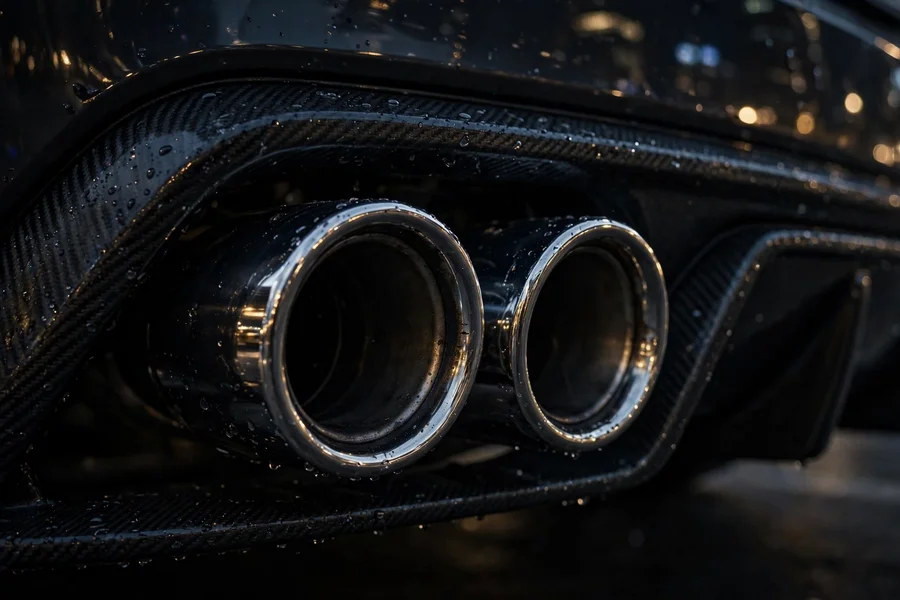 Dual chrome exhaust tips on a dark BMW rear bumper at night — the M340i wears M Performance styling over its 382-hp B58 six