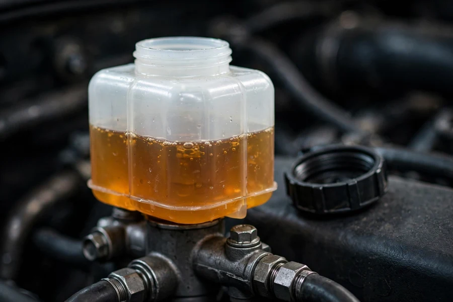BMW brake fluid reservoir with amber fluid in the engine bay
