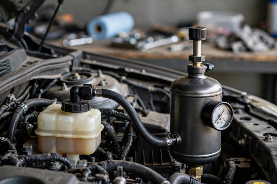 Pressure brake bleeder tank connected to a BMW brake fluid reservoir