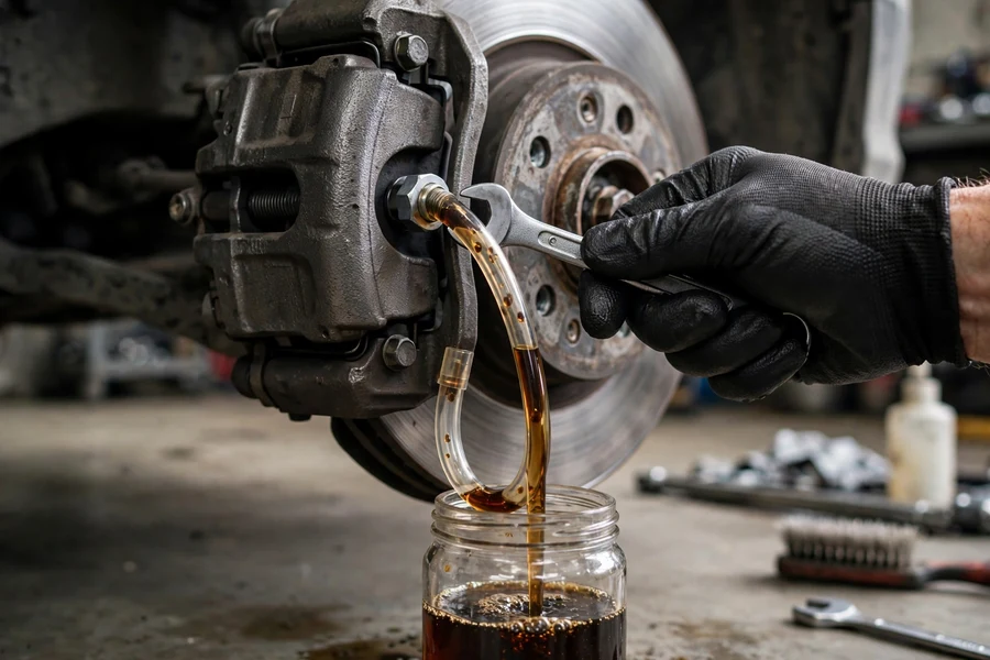 Bleeding a BMW brake caliper with a clear hose into a catch jar