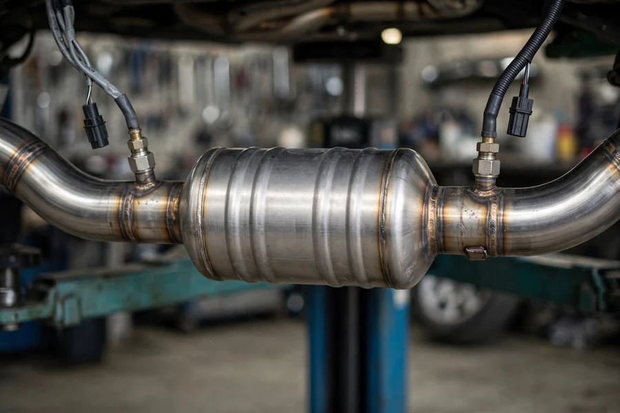 BMW 3 Series exhaust with catalytic converter canister and oxygen sensors mounted before and after it