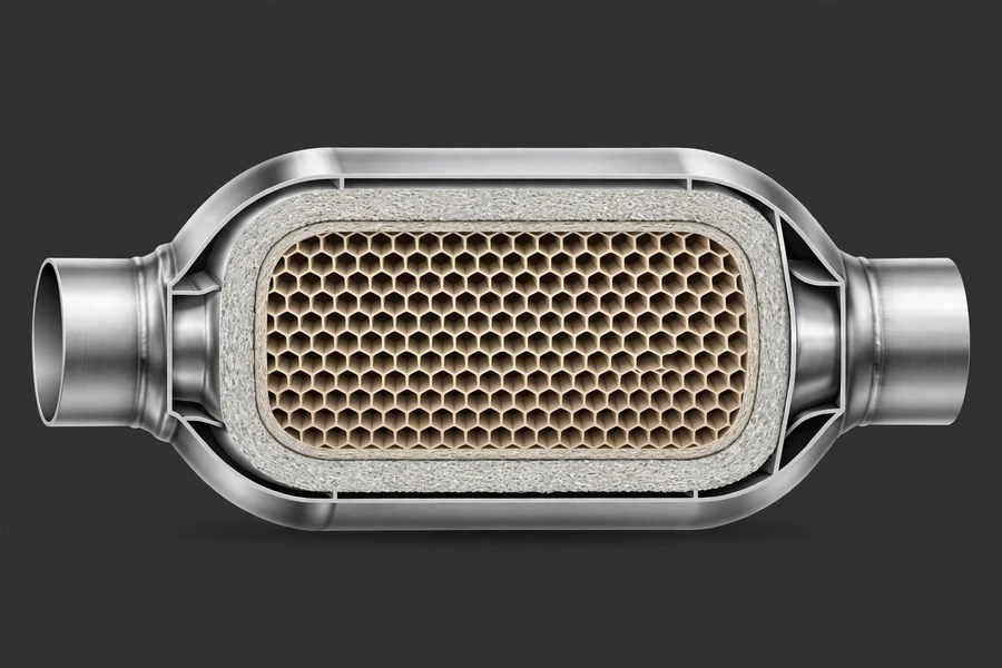 Cutaway illustration of a catalytic converter showing the ceramic honeycomb substrate inside the steel housing