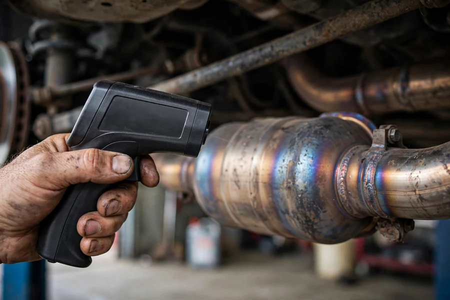 Mechanic aiming an infrared thermometer at a catalytic converter inlet pipe during a temperature test