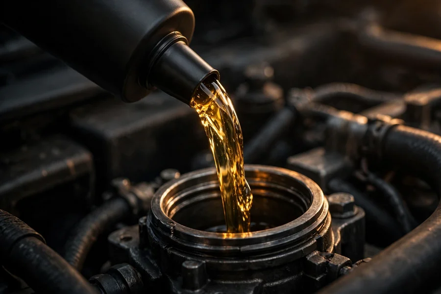Fresh engine oil being poured into an engine — BMW's CBS measures oil condition with a sensor in the oil pan, not just mileage