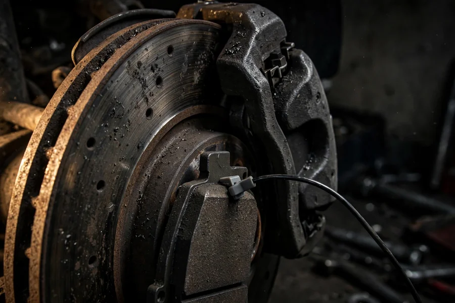 A brake pad wear sensor wire clipped to a brake pad on a worn disc — CBS tracks pad life through this two-stage sensor plus a wear model