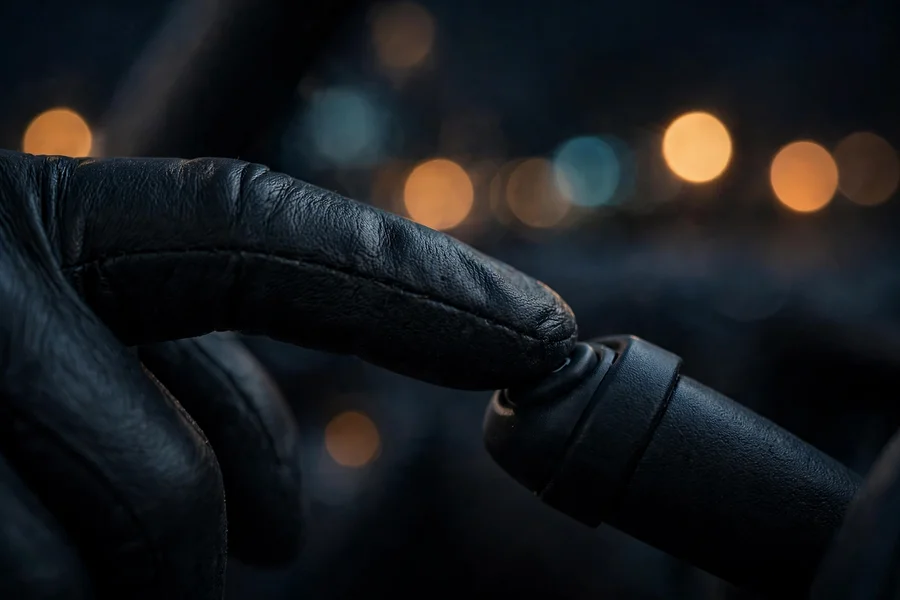 A fingertip pressing the reset button on a BMW indicator stalk — CBS items are reset through the cluster using the odometer and BC buttons