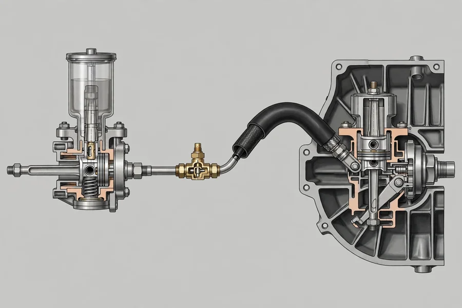 Cutaway diagram of a BMW clutch hydraulic line with the delay valve between master and slave cylinder