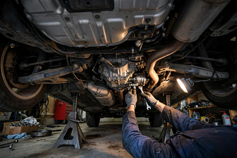Mechanic working under a BMW 3 Series on jack stands near the transmission slave cylinder