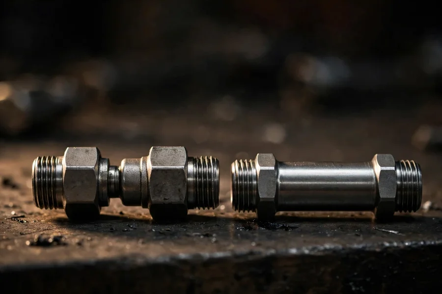 Stock clutch delay valve fitting beside a modified straight-through fitting on a workbench