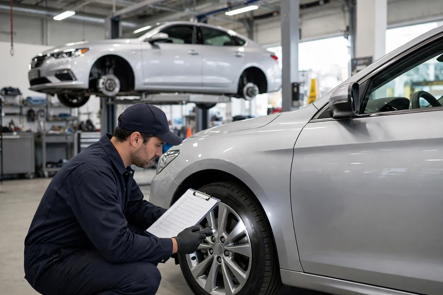 BMW technician performing a multi-point certification inspection on a 3 Series in a dealership service bay