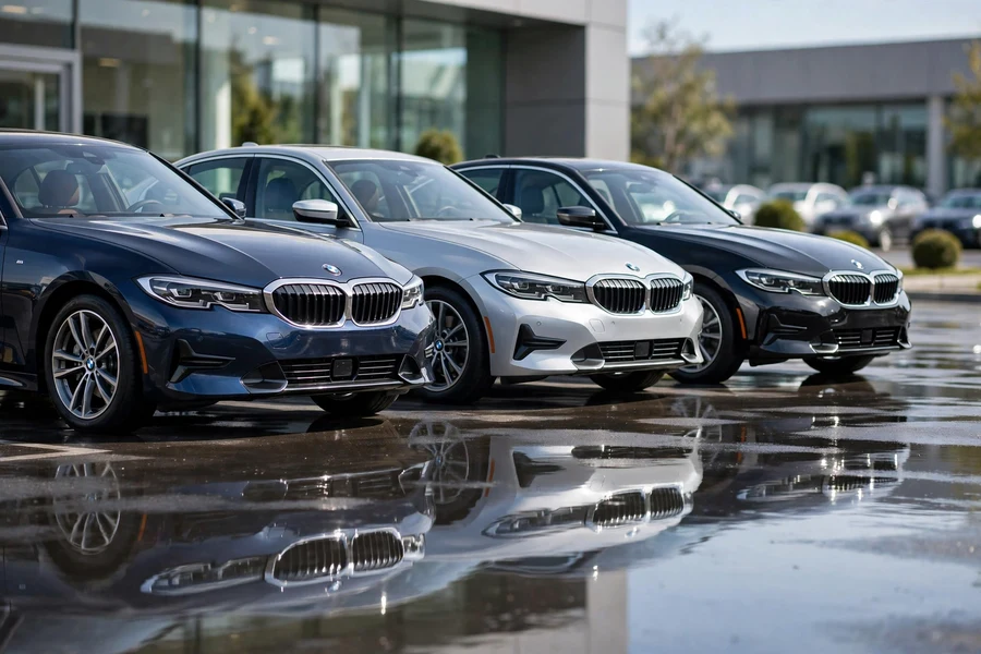 CPO BMW 3 Series sedans lined up for sale at a BMW dealership lot