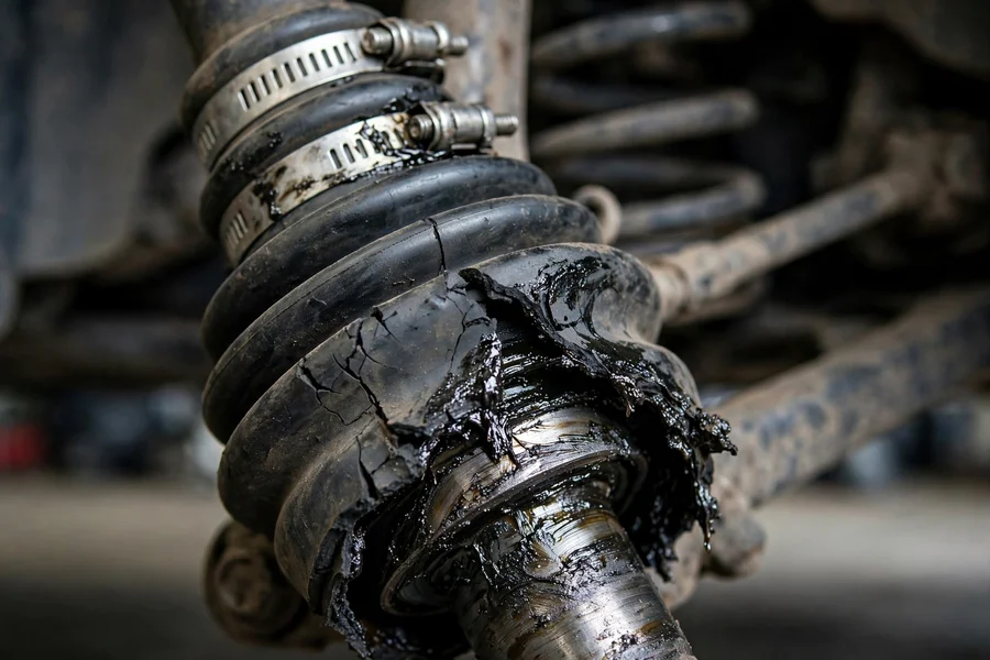 Close-up of a torn BMW CV boot with cracked rubber and grease seeping from the joint