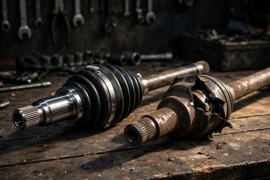 New BMW CV axle next to a worn old axle with a torn boot on a workbench
