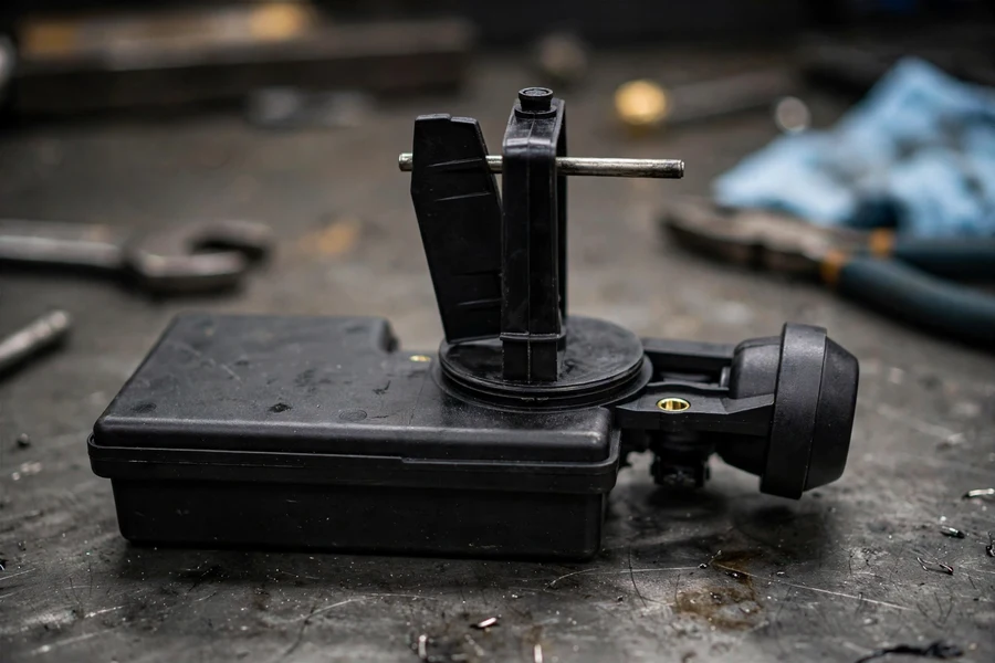 A BMW DISA intake flap actuator unit on a workbench, showing the flap plate, pivot axle, and electric motor housing