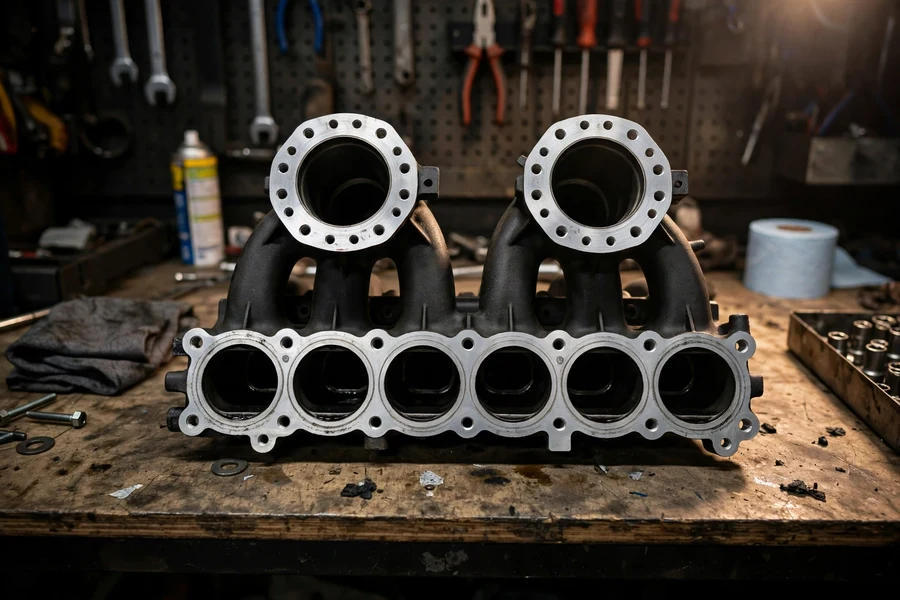 A removed BMW N52 intake manifold on a workbench, showing the runner openings and the two round ports where the DISA flap valves mount