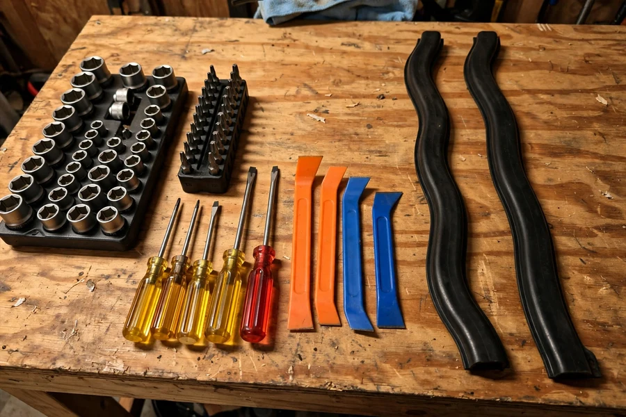 Mechanic's tools laid out for an intake manifold job: metric sockets, torx bits, screwdrivers, pry tools, and new intake manifold gaskets