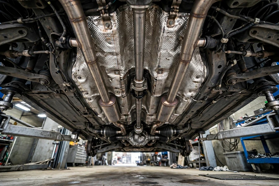 Underside of a BMW on a lift showing the driveshaft tunnel, exhaust and heat shields