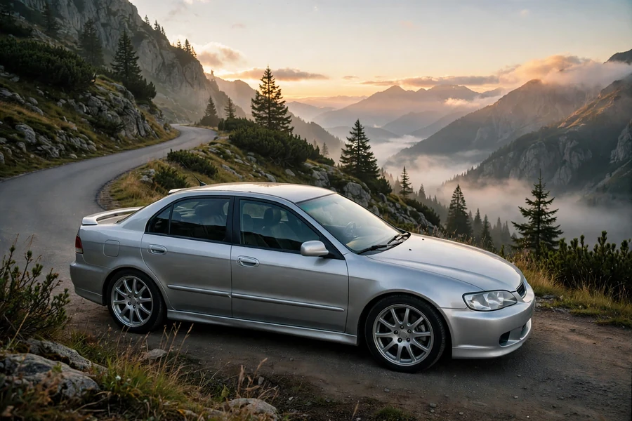 Classic early-2000s sport sedan on a mountain road at sunrise