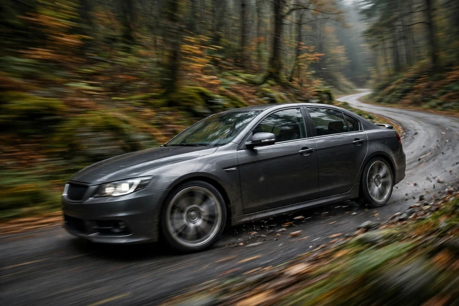 Late-2000s sport sedan on a winding forest road