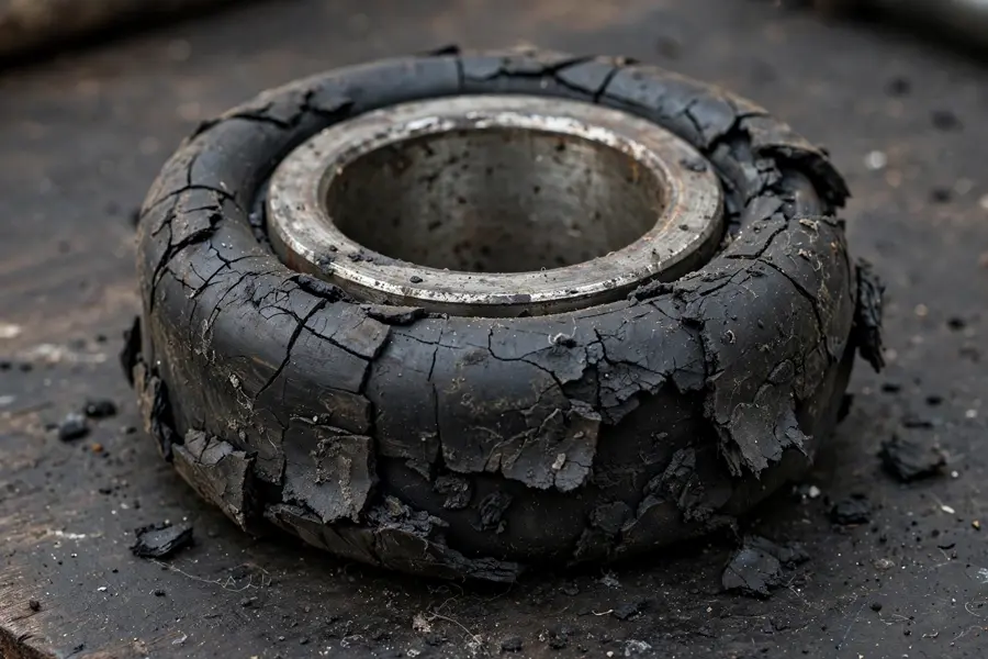 Worn BMW rear trailing arm bushing with cracked and torn rubber around the metal inner sleeve