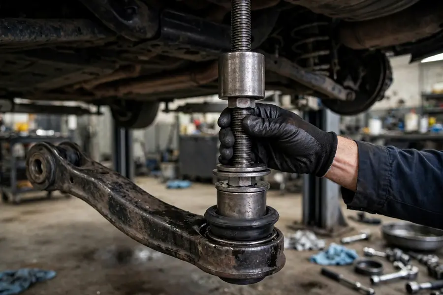 Mechanic pressing a new rear trailing arm bushing into a BMW trailing arm with a threaded-rod press tool