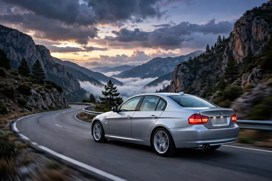 BMW E90 3 Series sedan cornering on a winding mountain road