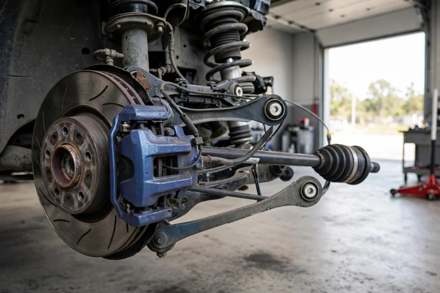 Rear brake caliper and rotor assembly of a BMW 3 Series with the wheel removed in a workshop